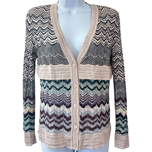 MISSONI Vtg 90 Y2K Orange Label Chevron Open Knit Cardigan Sweater Sz S 40 Italy - Picture 1 of 12